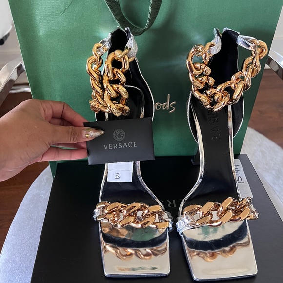 Versace Medusa Chain Leather Sandals (Silver & Gold) - Picture 1 of 8